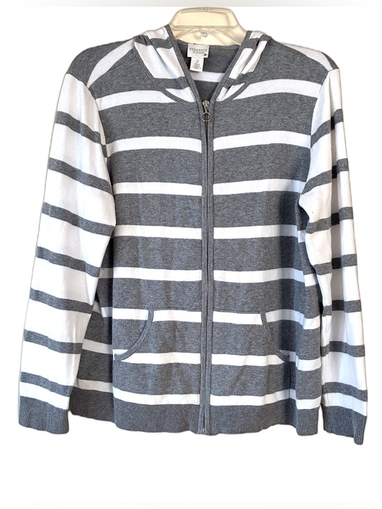 Chico's Sweaters - Chico’s Weekends Hooded Sweater, Sz. 2/L, Gray/White Striped, Full Zip